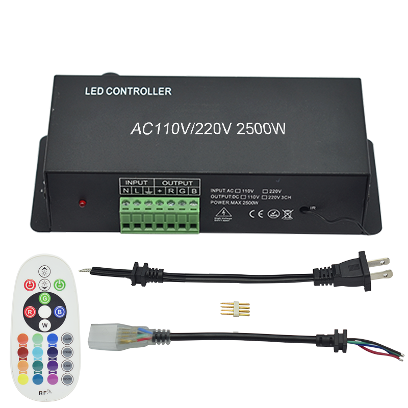 AC110V/220V 2500W 24Keys RF RGB Controller, Suitable For 100m/328ft Outdoor Waterproof 110V LED Strips Project With UL Listed AC US Plug